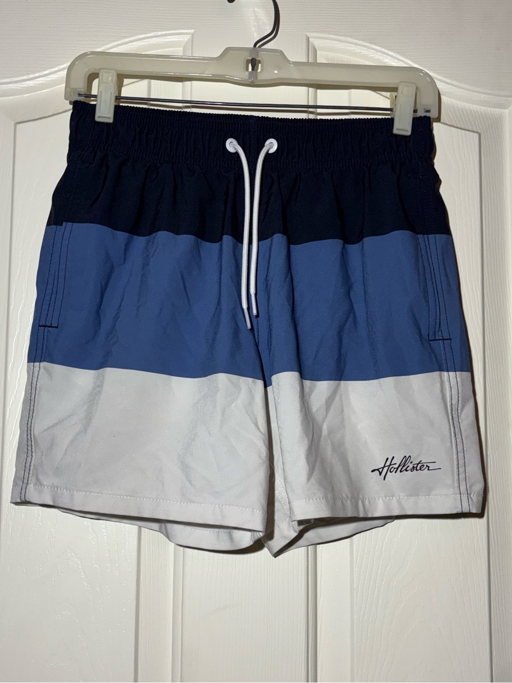 Hollister White Lined Swim Shorts with Navy Waistband